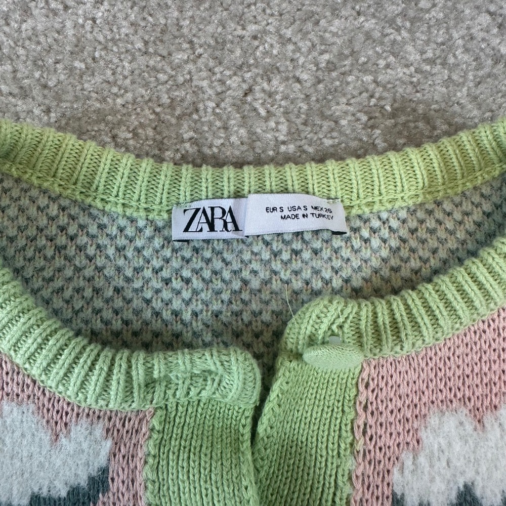 Zara Sheep Landscape Knit Cardigan Pink Green Pastoral Cottagecore Sweater Small - Picture 4 of 8